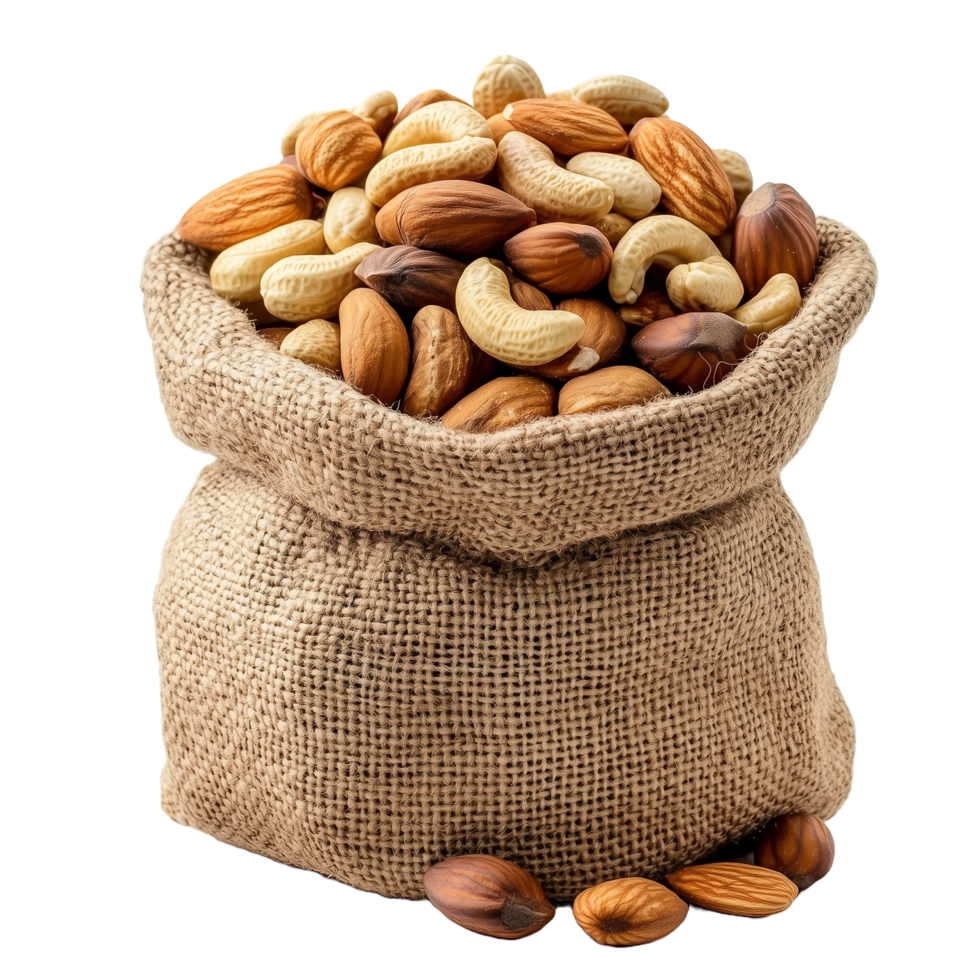 Burlap Sack Overflowing with a Variety of Nuts for Healthy Snacking and Culinary Delights png