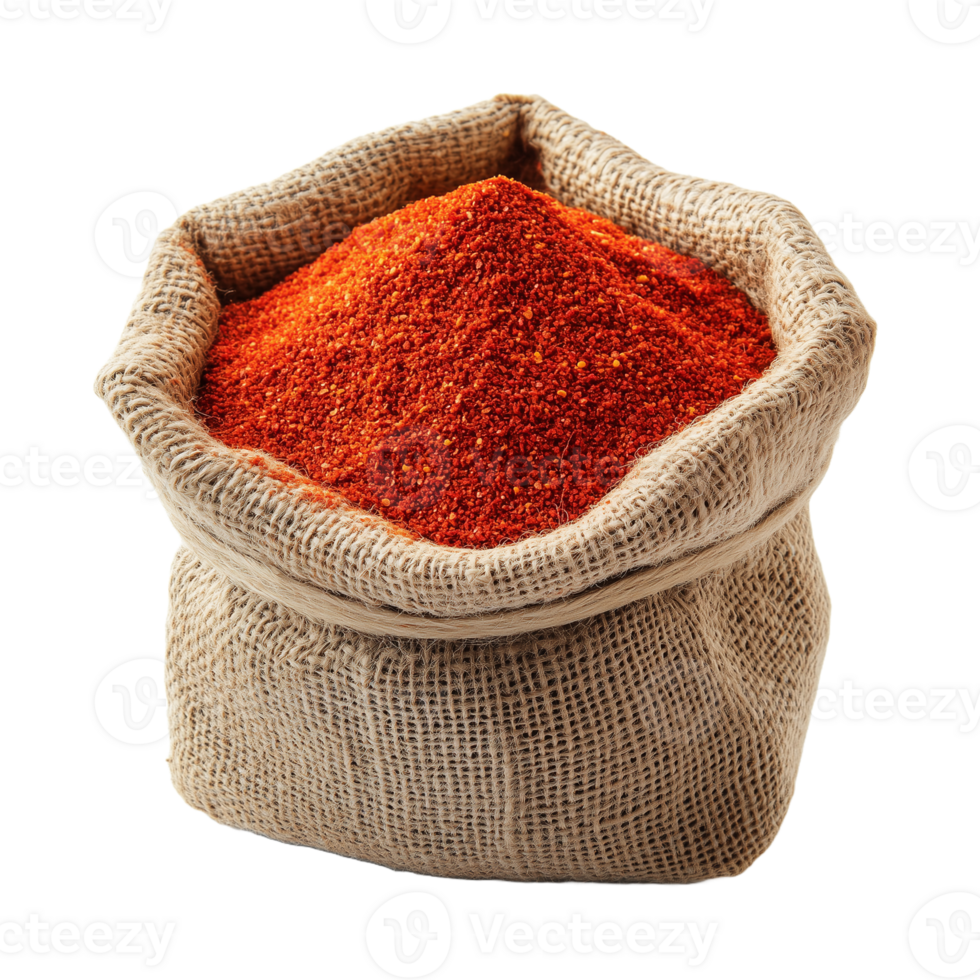 Burlap Sack Filled with Vibrant Red Spice for Culinary Flavor png