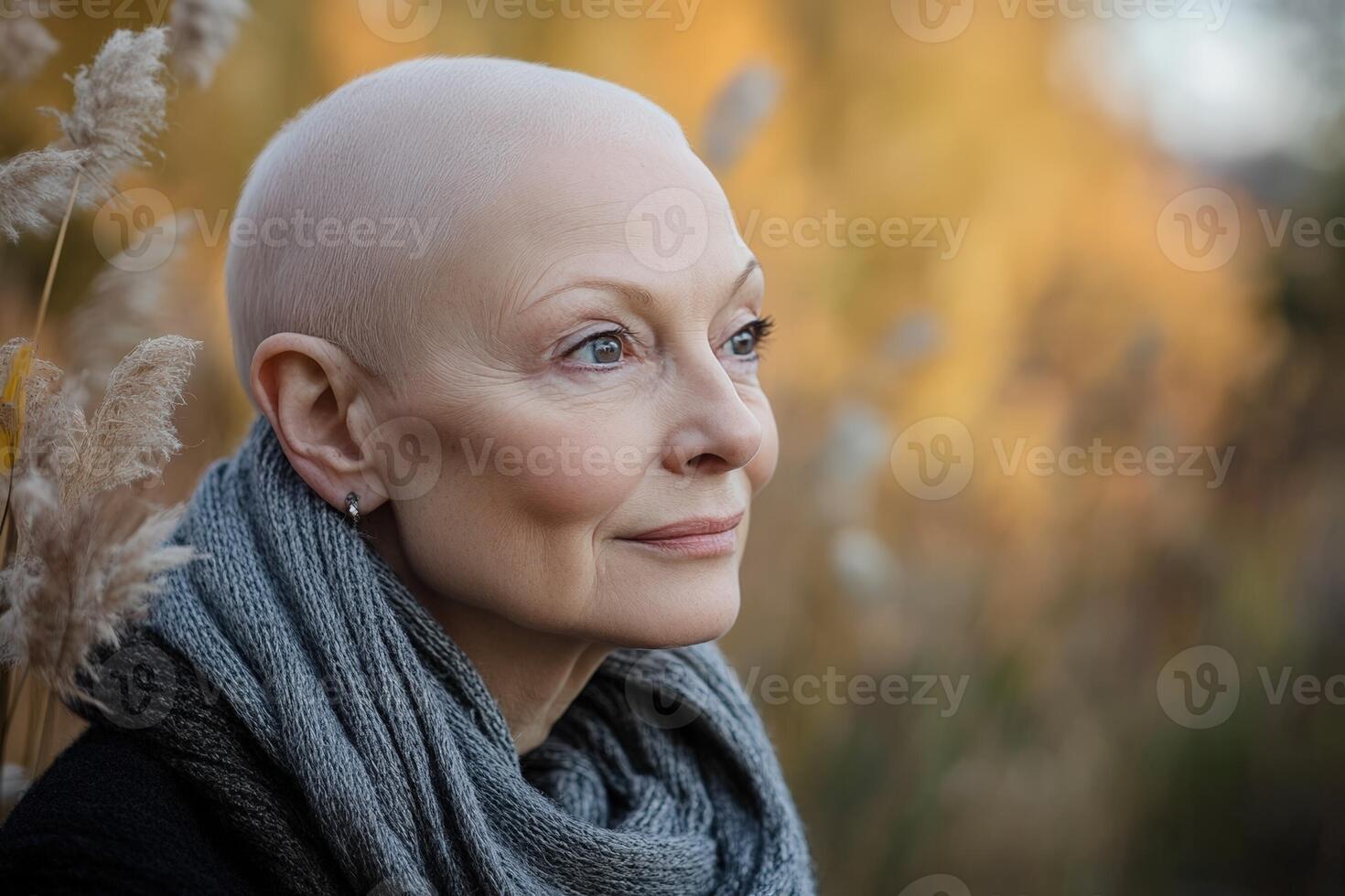 Bald Woman Contemplating Autumnal Landscape photo