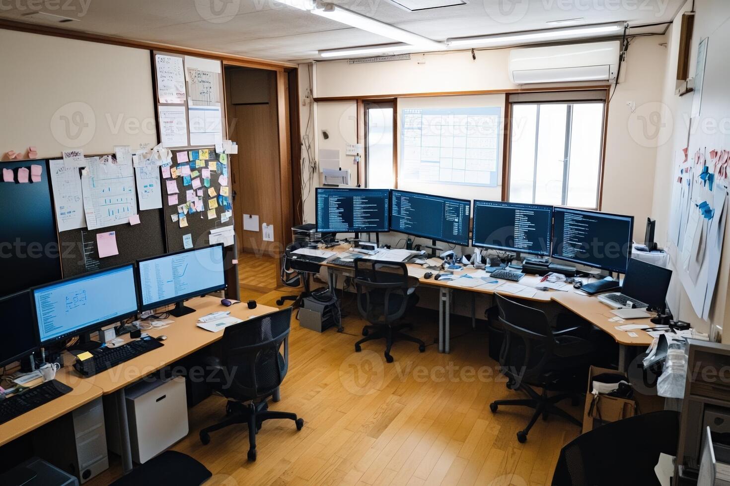 Busy Office Space With Multiple Computer Monitors And Desk Clutter photo