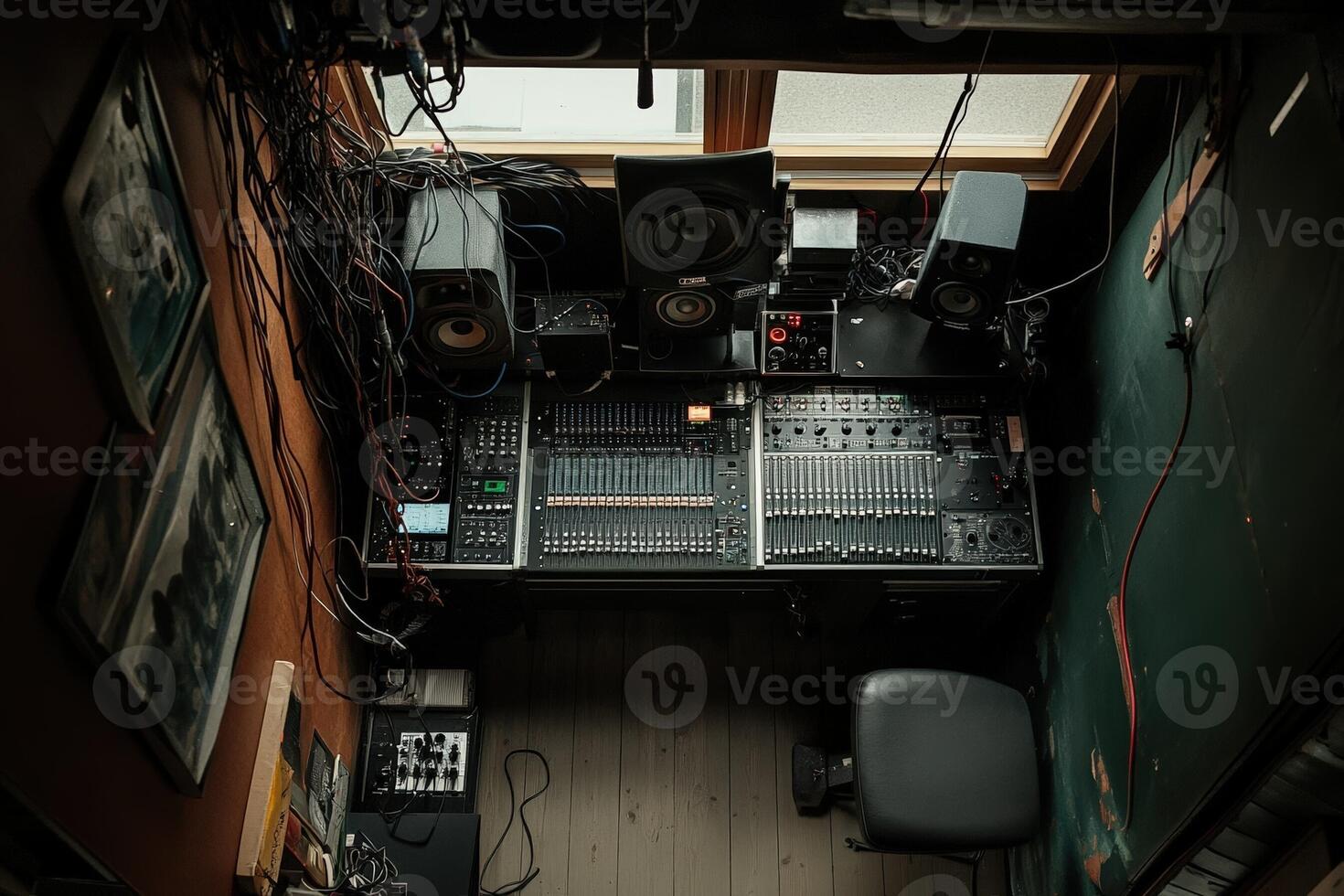 A recording studio with a desk, computer, and other equipment photo