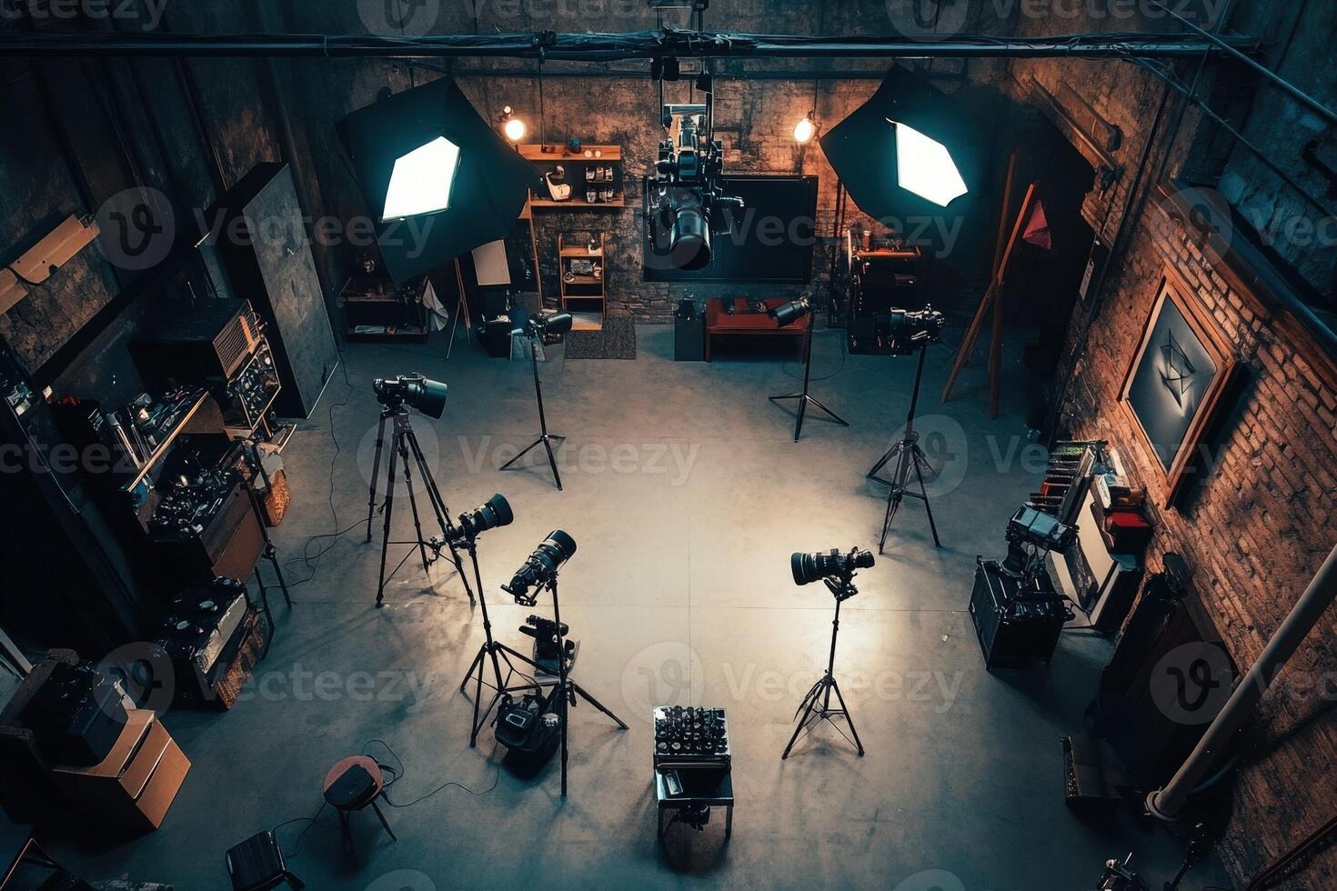 A room with several lights and cameras photo
