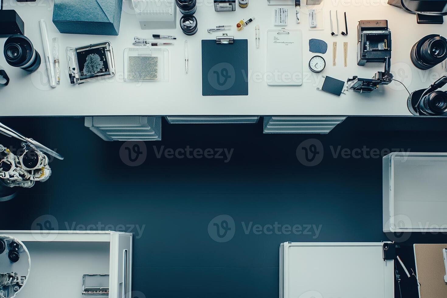 An overhead view of a desk with various items photo