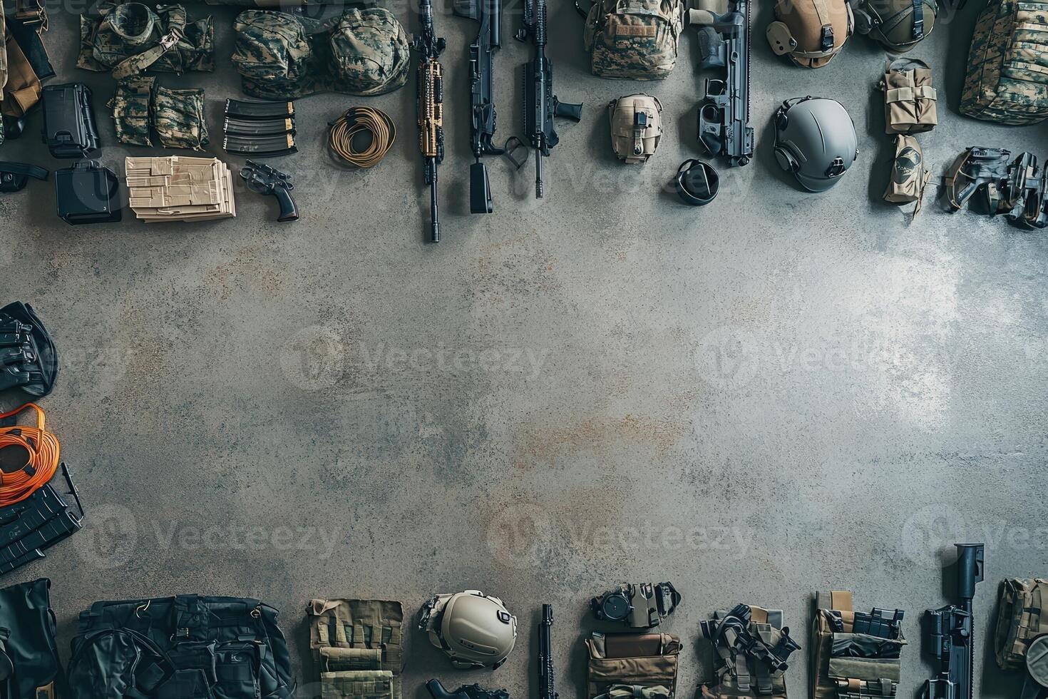 Military gear on a concrete floor photo