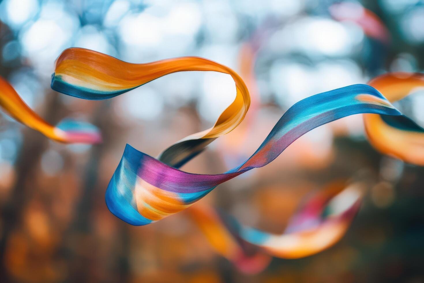 Colorful ribbons swirl in autumnal bokeh background photo