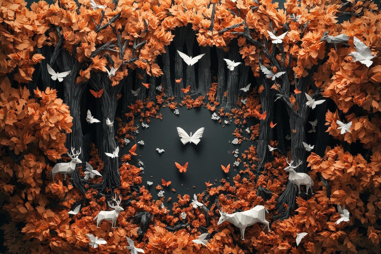 An Autumnal Forest Scene with Deer and Butterflies photo