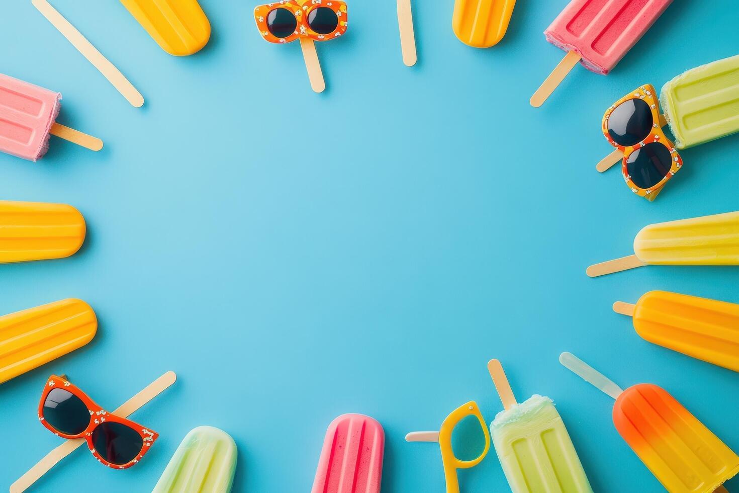 Colorful popsicles and sunglasses arranged on a blue background photo