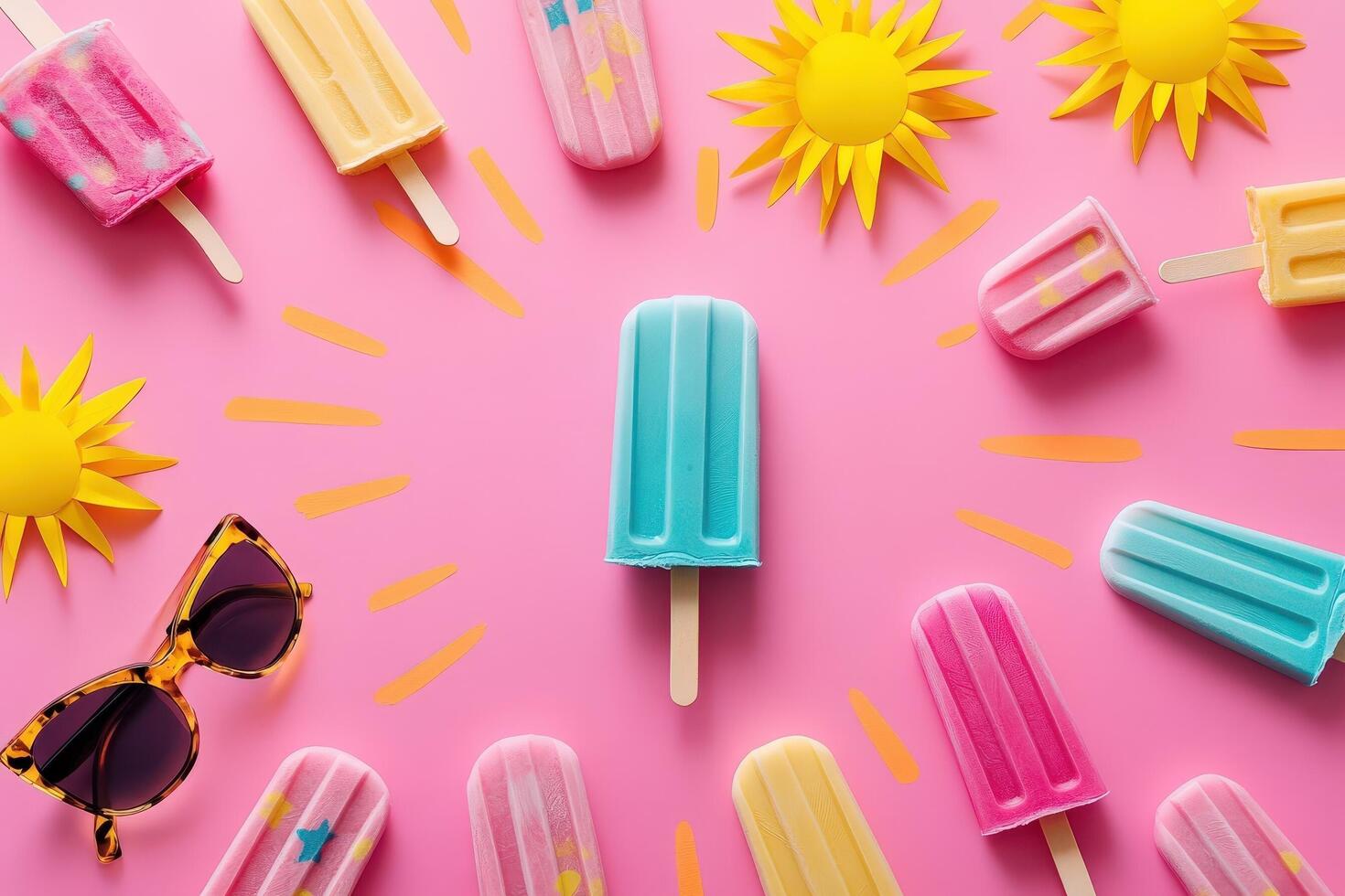Colorful Popsicles Summer Sun Sunglasses Pink Background photo