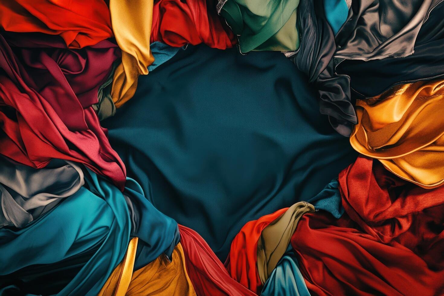 Colorful silk fabrics arranged in a circular frame photo