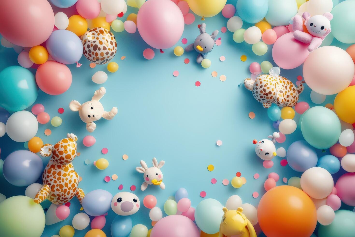 Pastel Balloons and Cute Animal Toys Surround a Blue Background photo