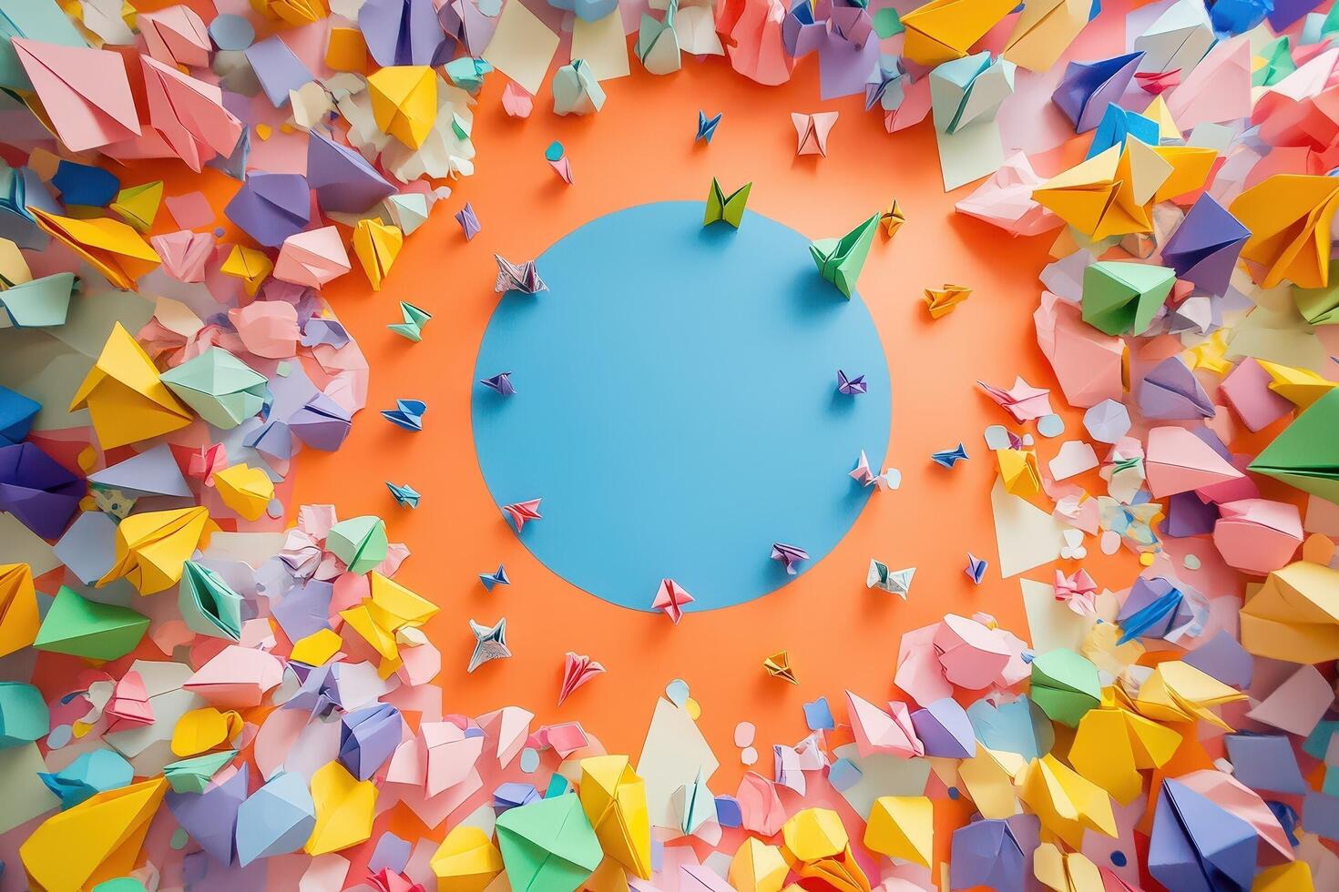 Colorful Origami Paper Creations Arranged Around a Circle photo