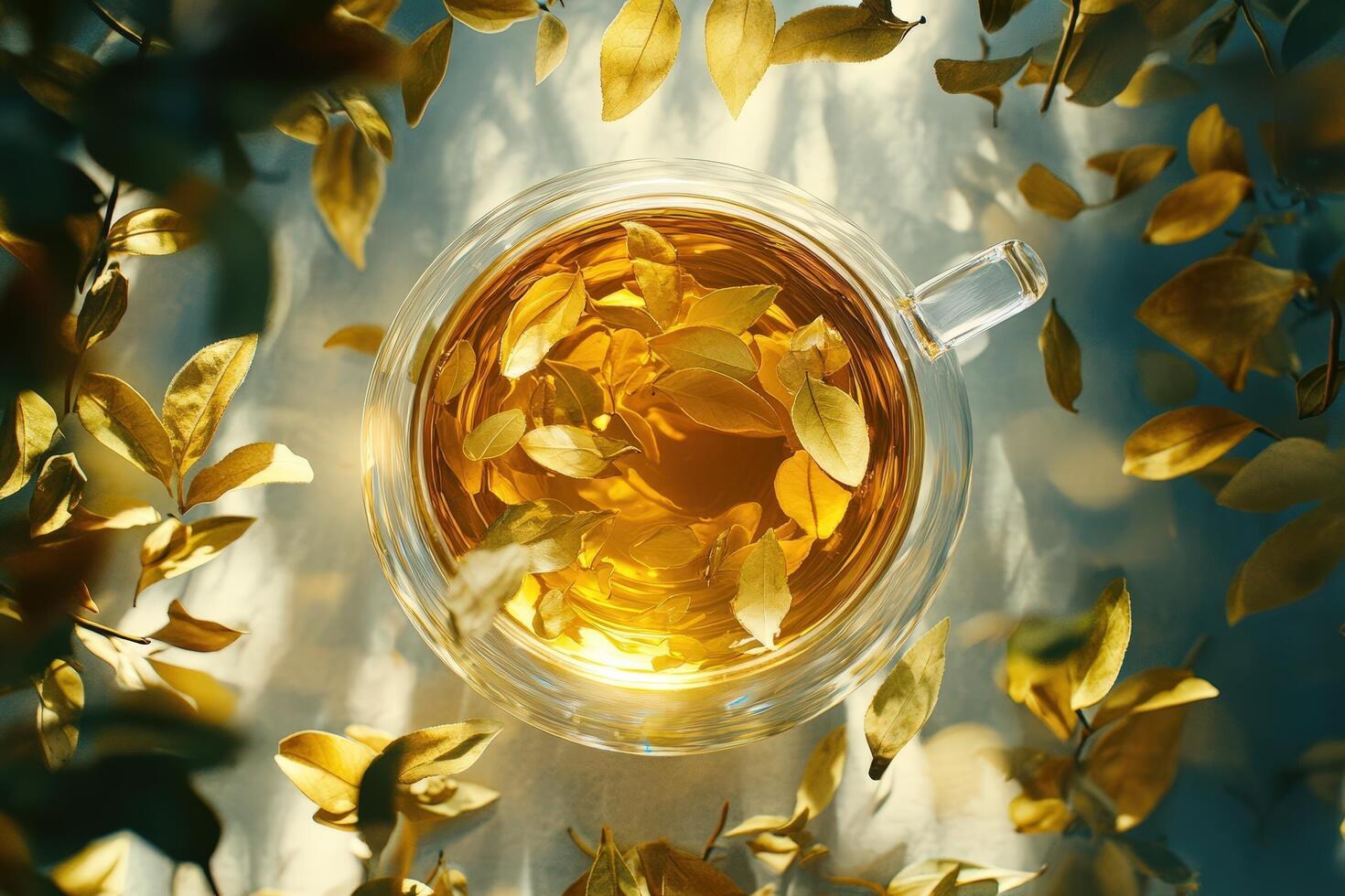 Golden Tea Leaves Infused In Glass Cup Surrounded By Autumn Leaves photo