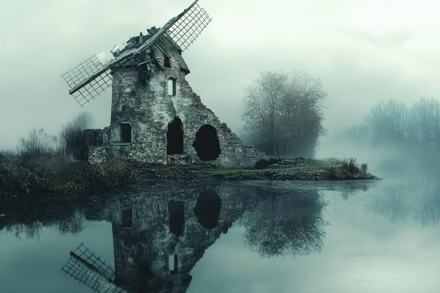 An old windmill sits on the edge of a lake photo