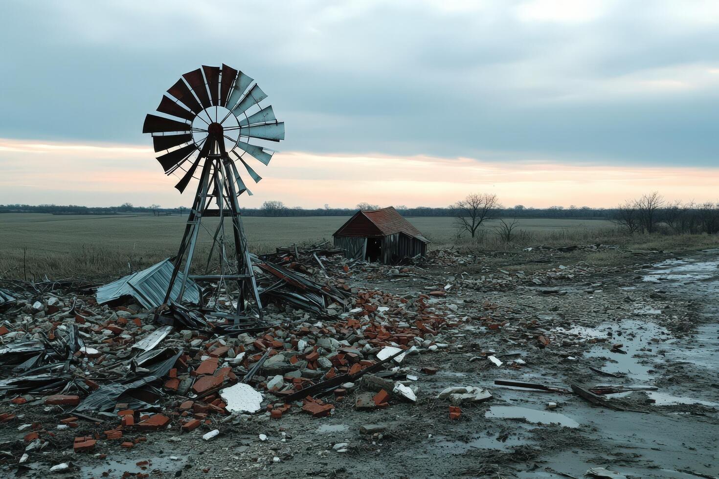A windmill is sitting in the middle of a field photo