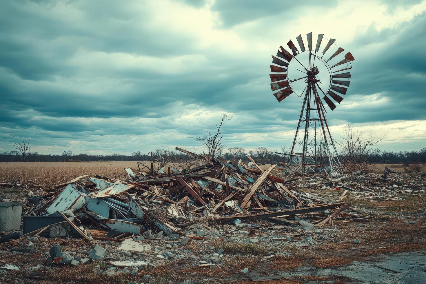 A windmill and a pile of debris in a field photo