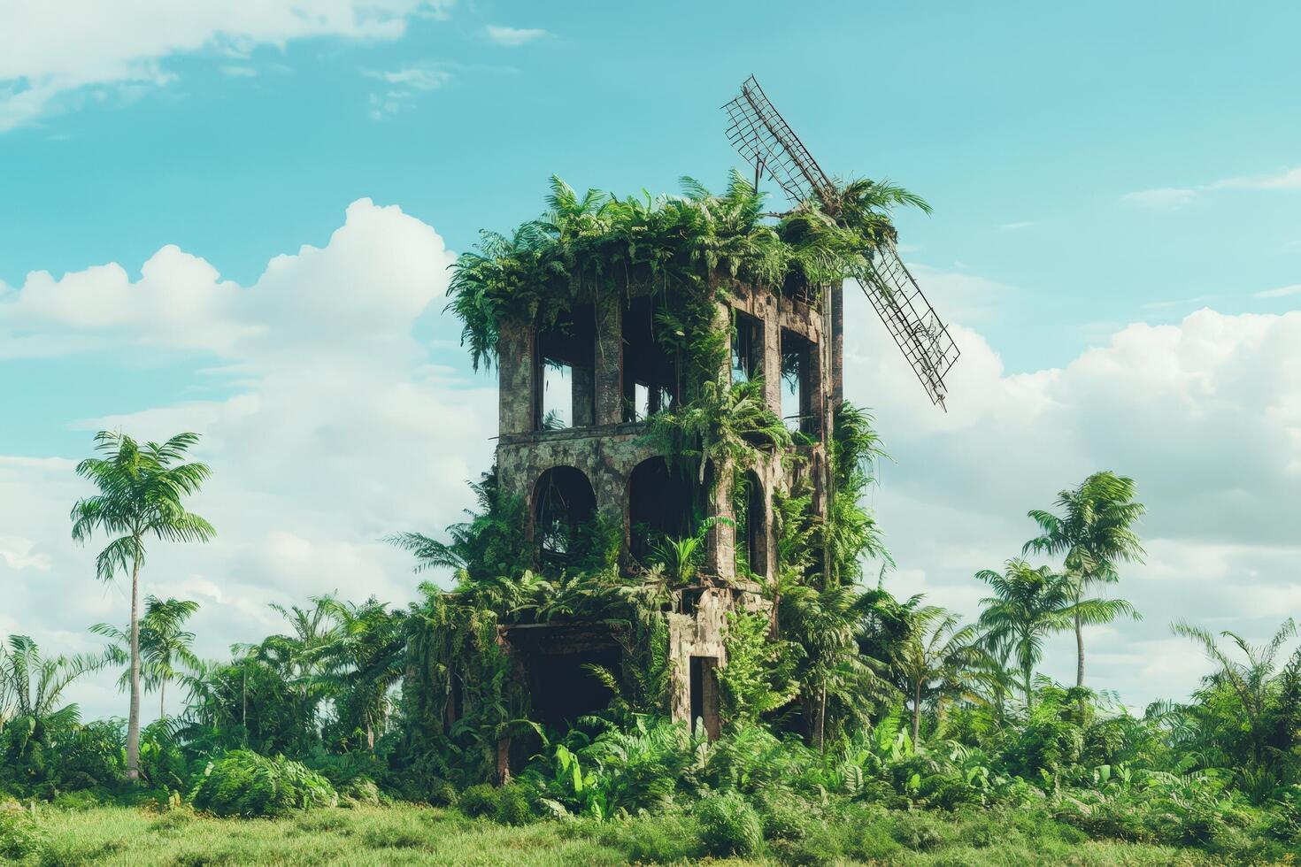 An old windmill surrounded by plants and trees photo