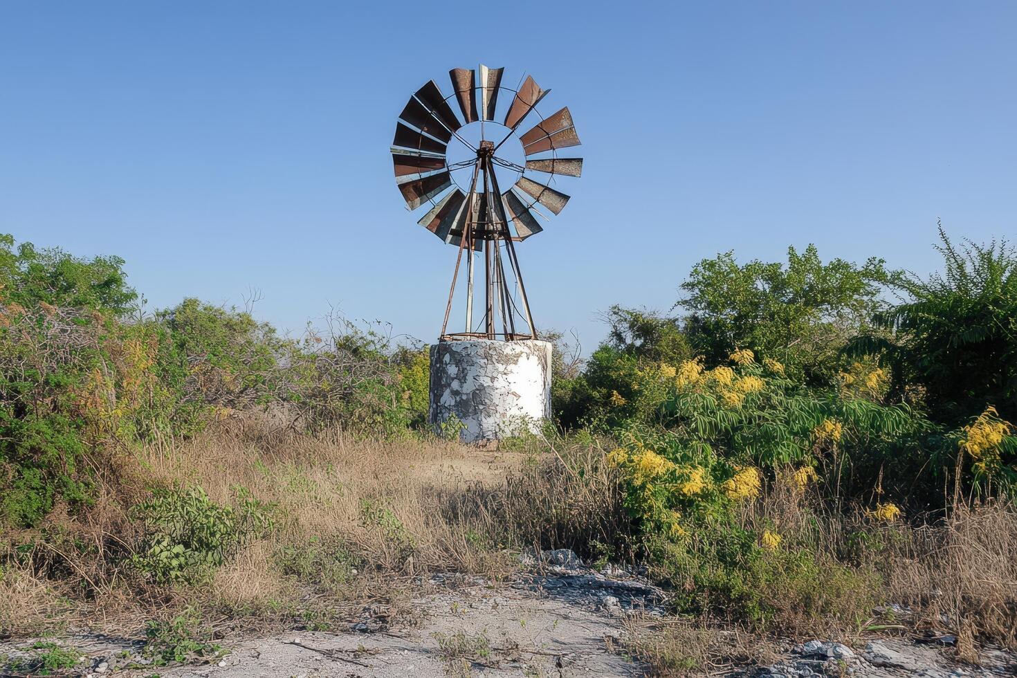 A windmill in the middle of a field photo