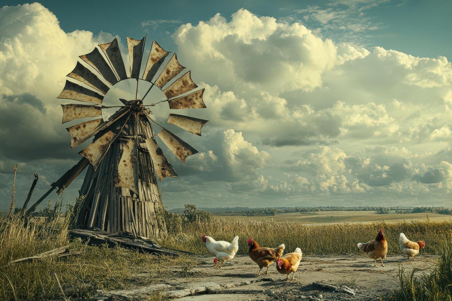 A windmill and chickens in a field photo