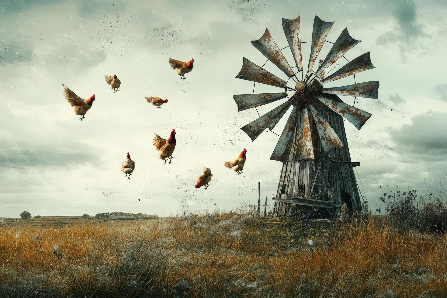 A windmill and a flock of chickens flying over it photo