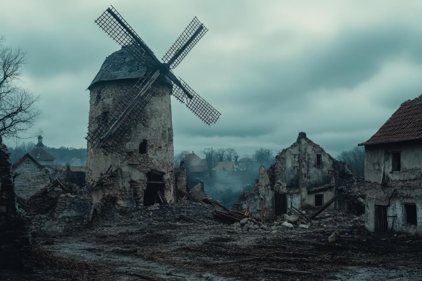 A windmill stands in the middle of a destroyed town photo