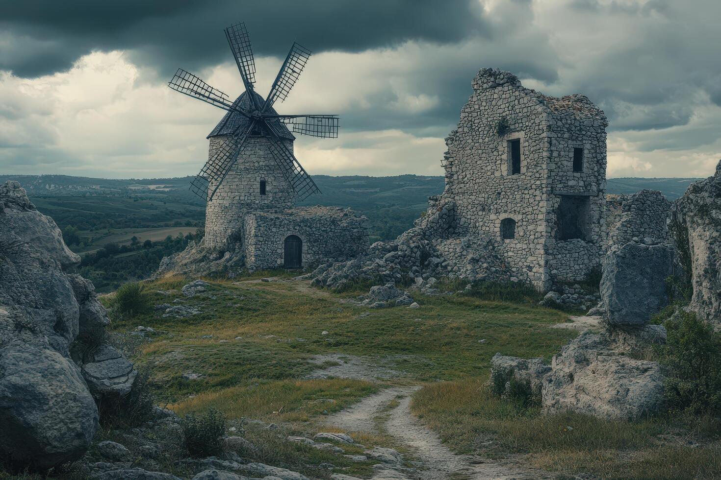 A windmill and a ruined castle on a hill photo