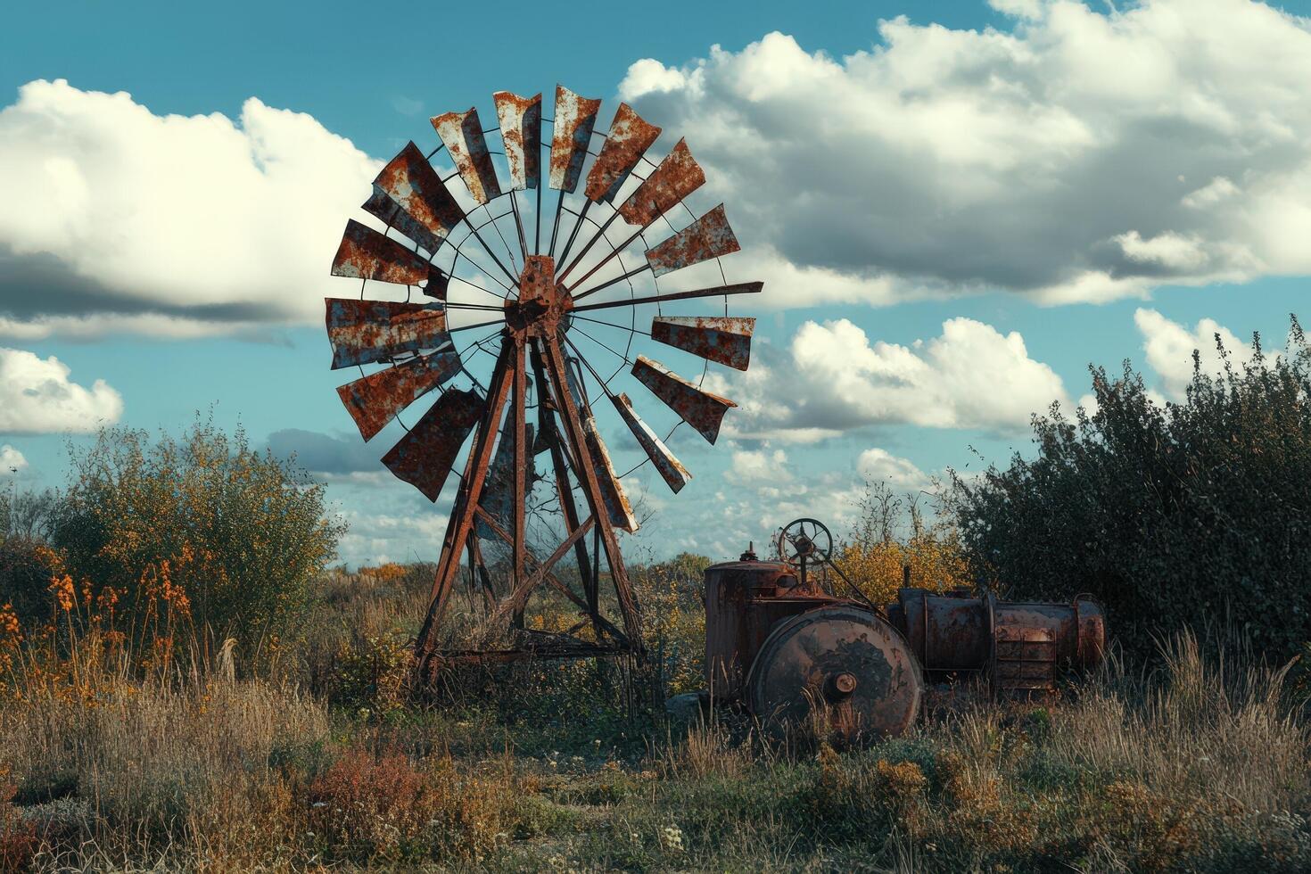 An old windmill in the middle of a field photo