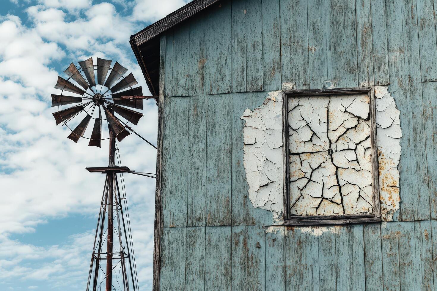 An old blue house with a cracked window and a windmill photo