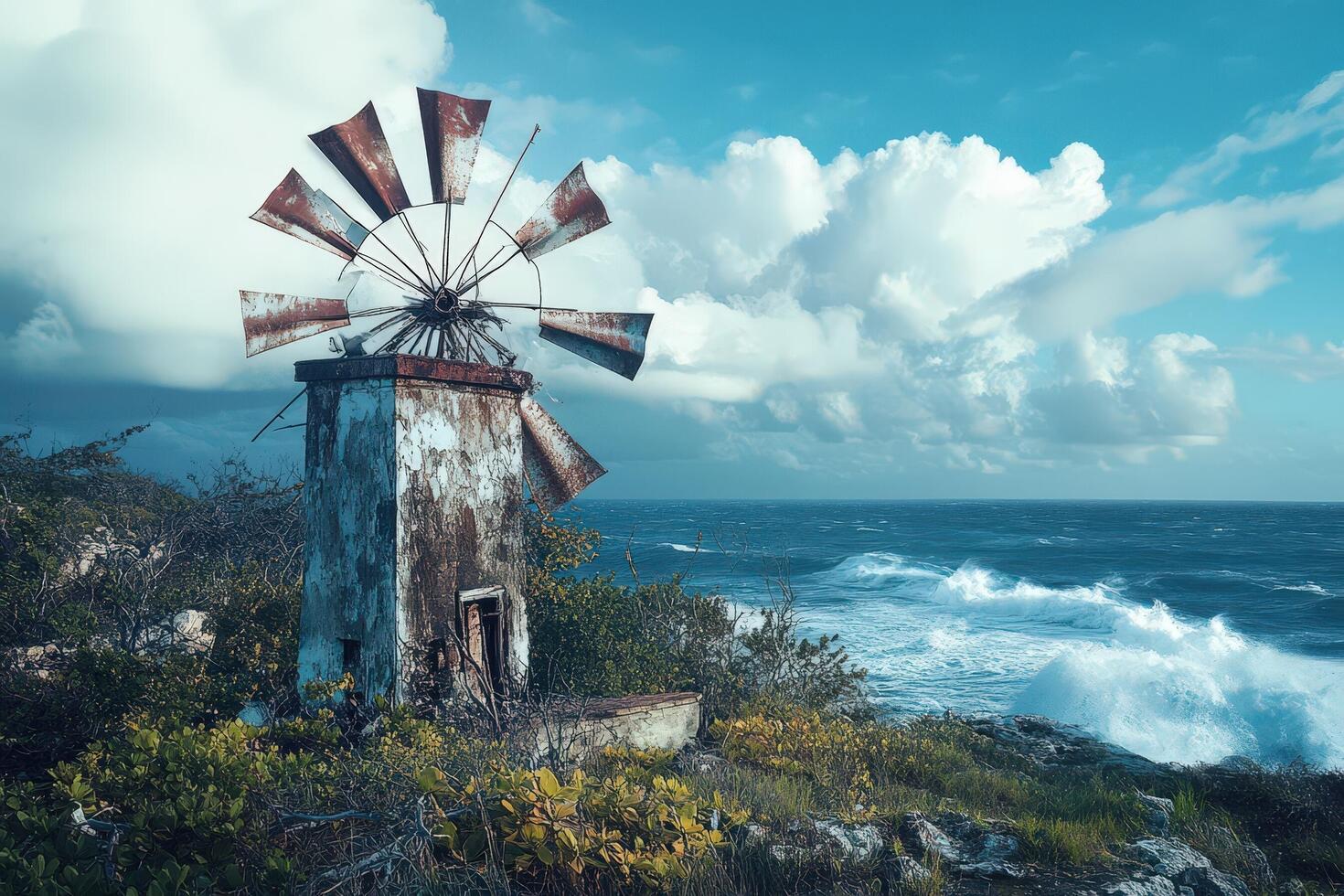 An old windmill on the edge of the ocean photo