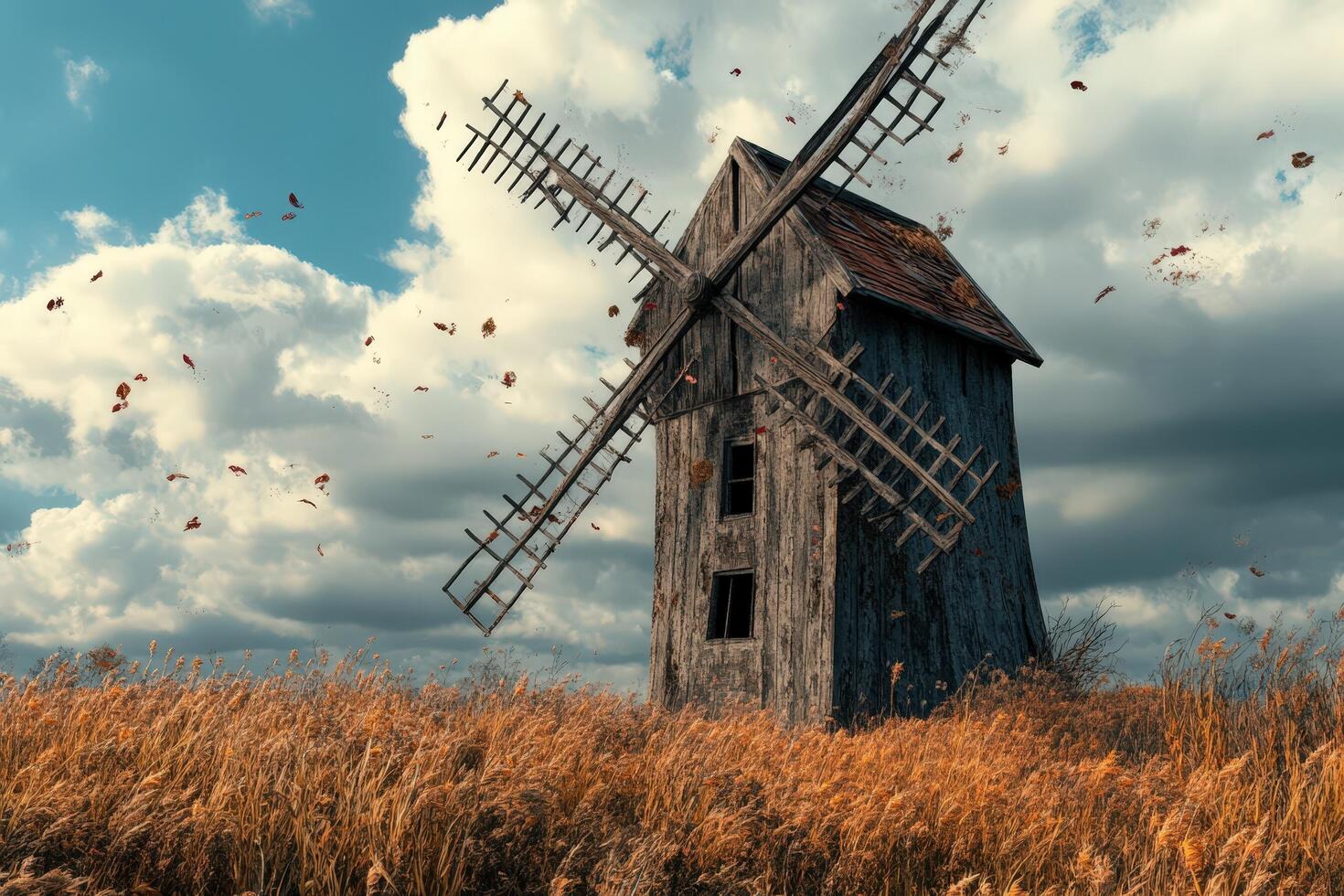 An old windmill in a field with some falling leaves photo