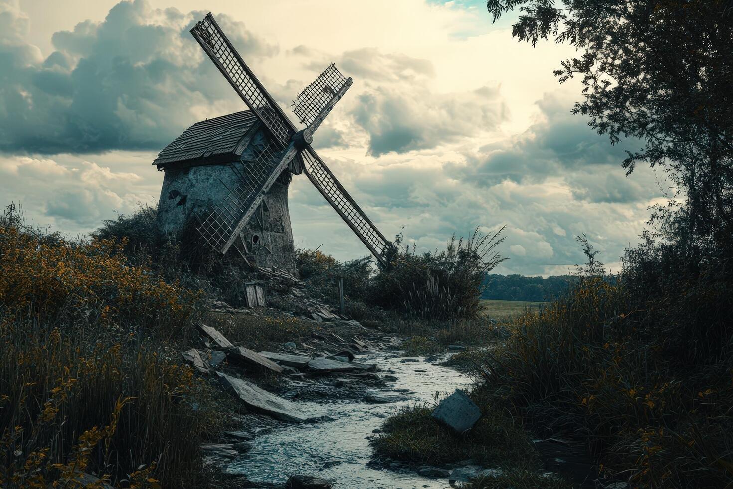 A windmill is in the middle of a field photo