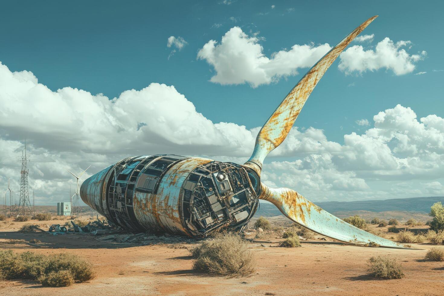 A rusted propeller in the desert with a cloudy sky photo