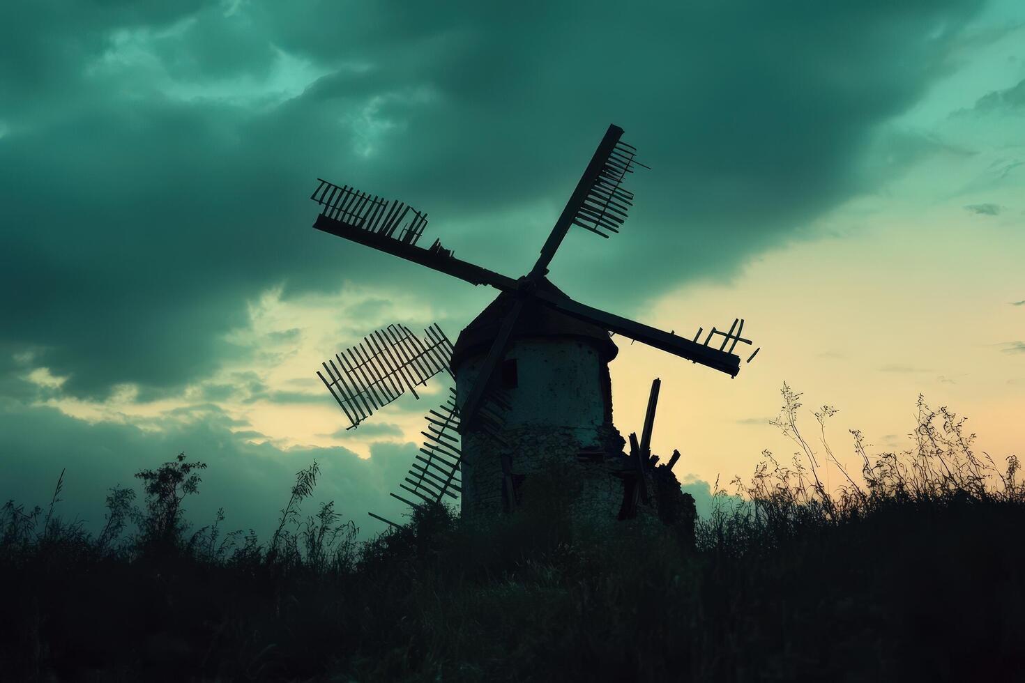 A windmill in the middle of a field photo