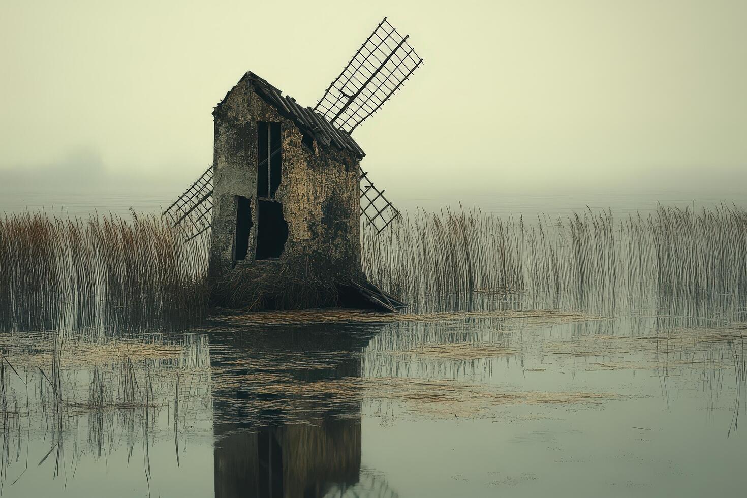 An old windmill sits in the middle of a lake photo