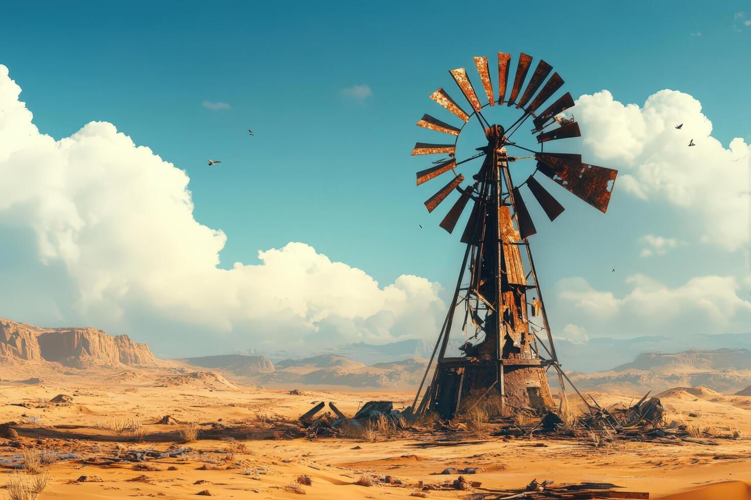 An old windmill in the desert with a sky and clouds photo