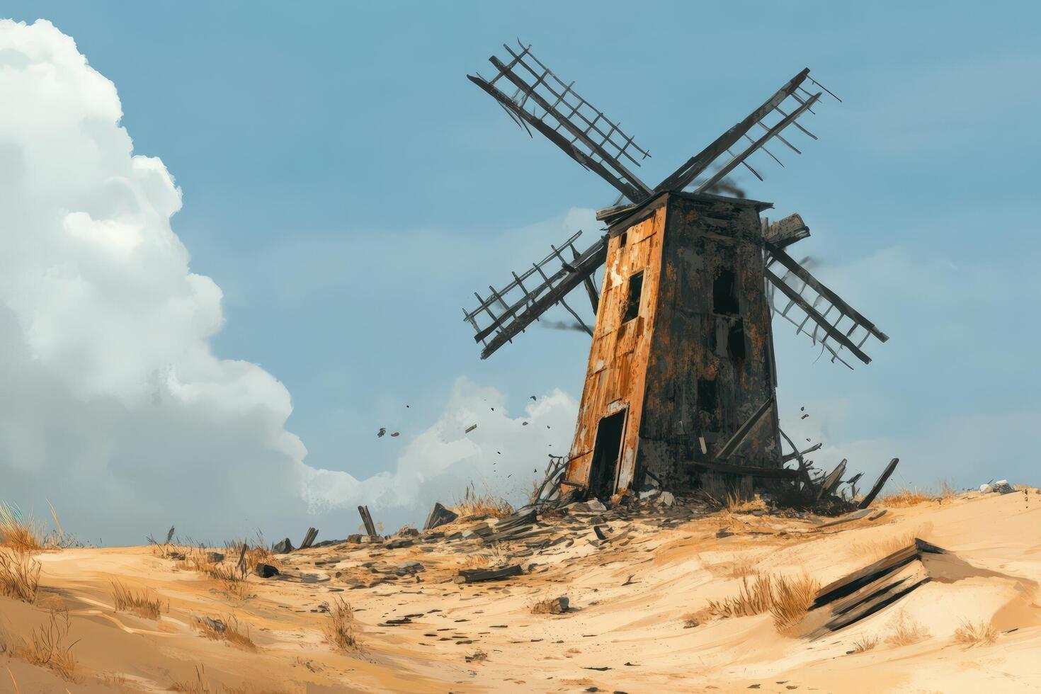 A windmill in the desert with a cloudy sky photo