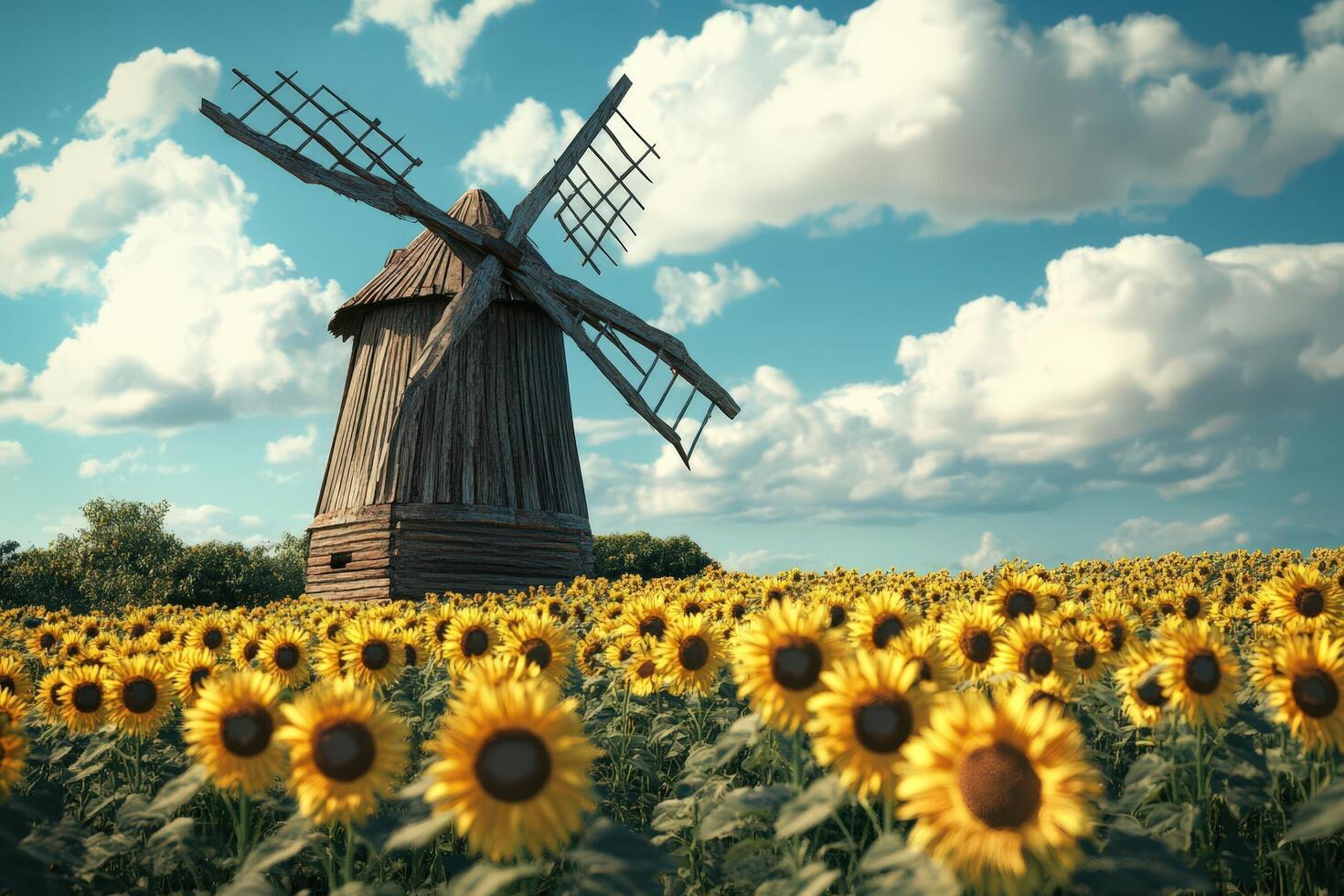 A windmill stands in front of a field of sunflowers photo