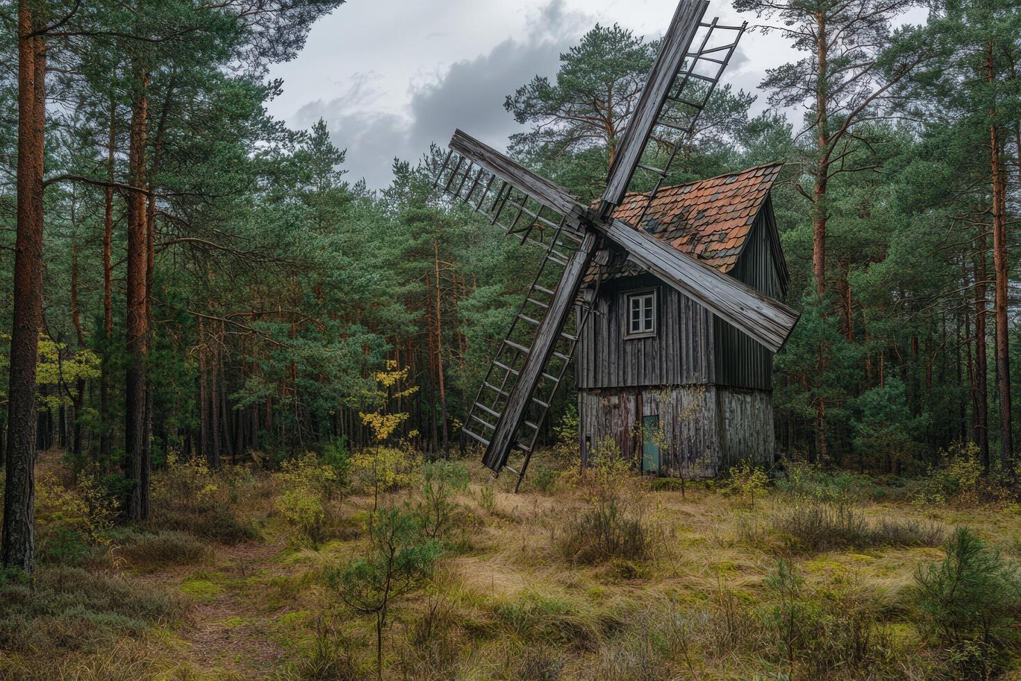 An old windmill in the middle of a forest photo