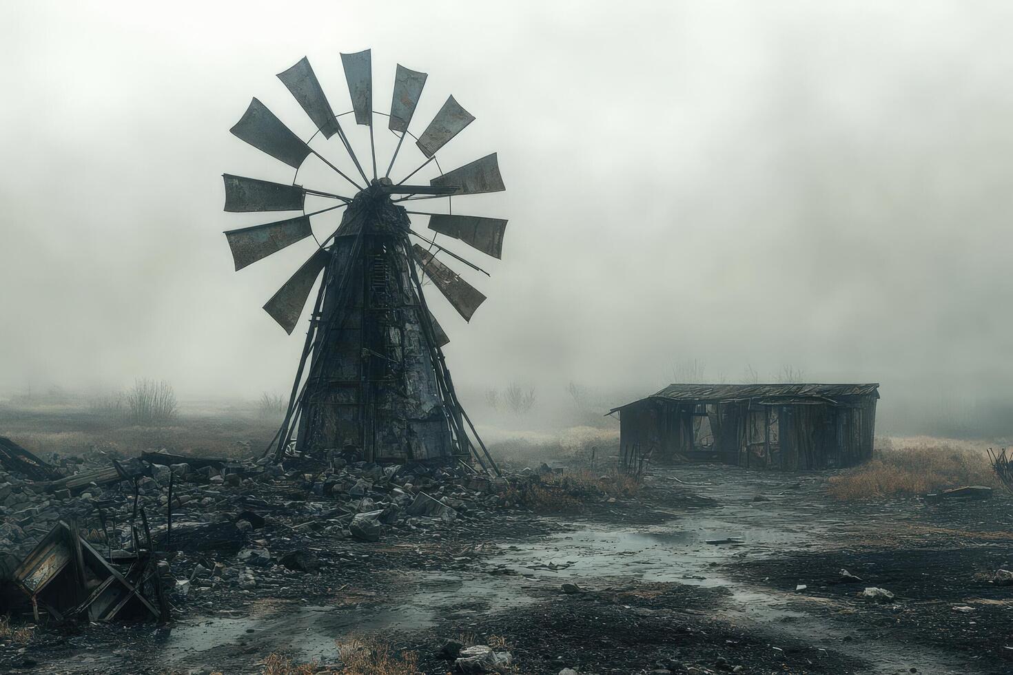 An old windmill in the middle of a field photo