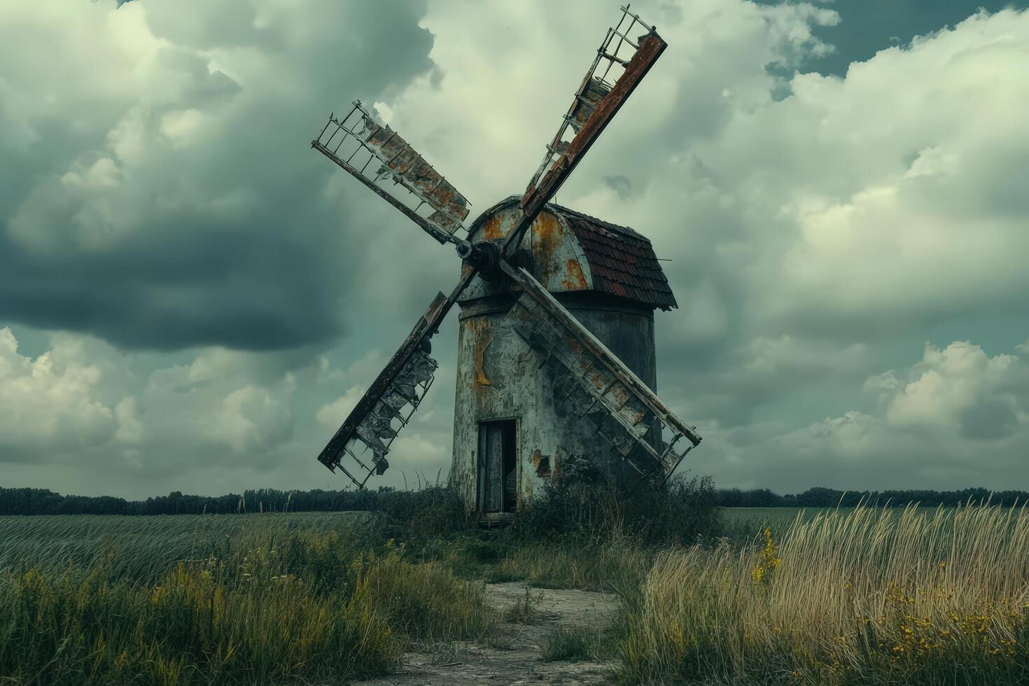 An old windmill in a field with a cloudy sky photo