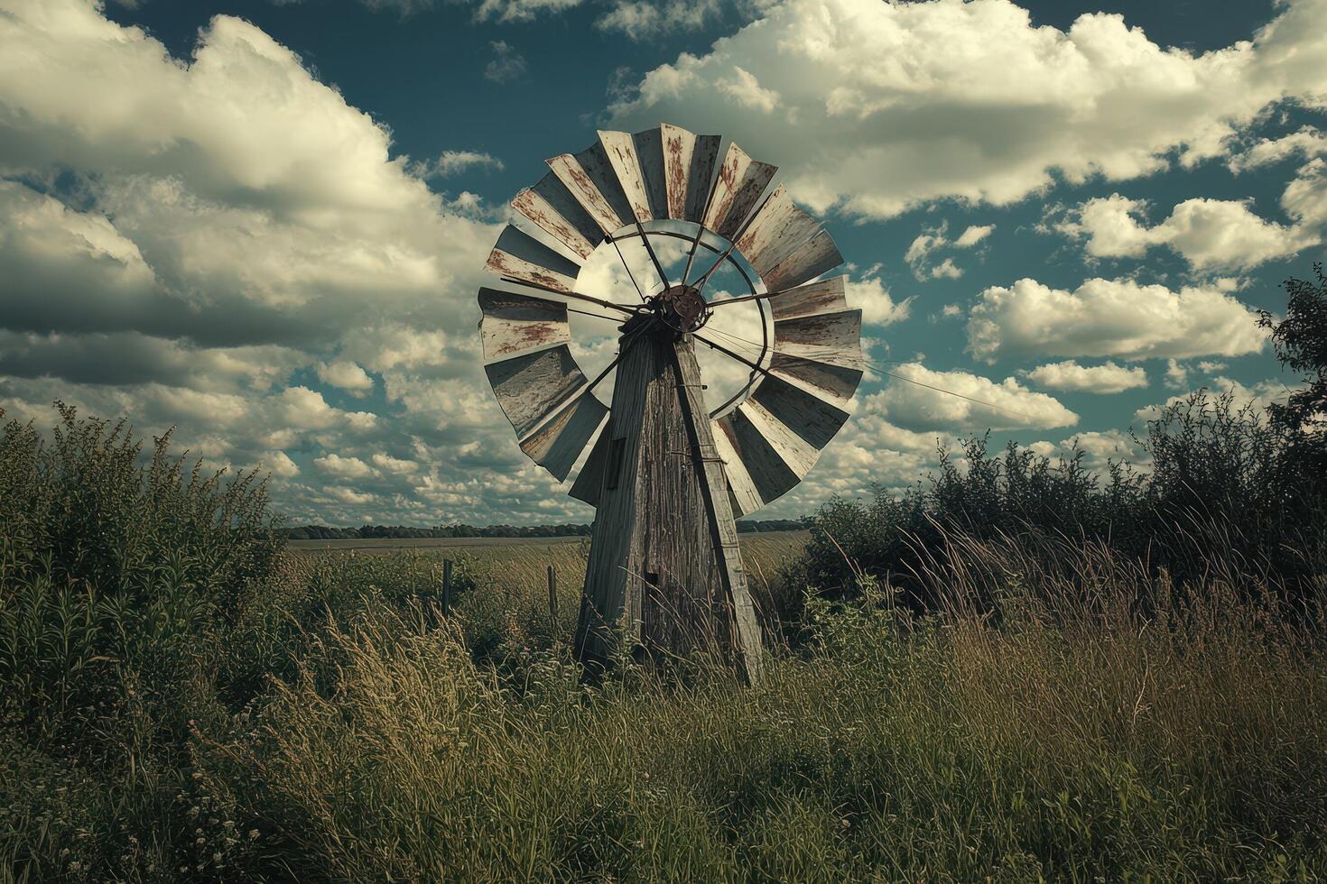 A windmill in a field with a cloudy sky photo