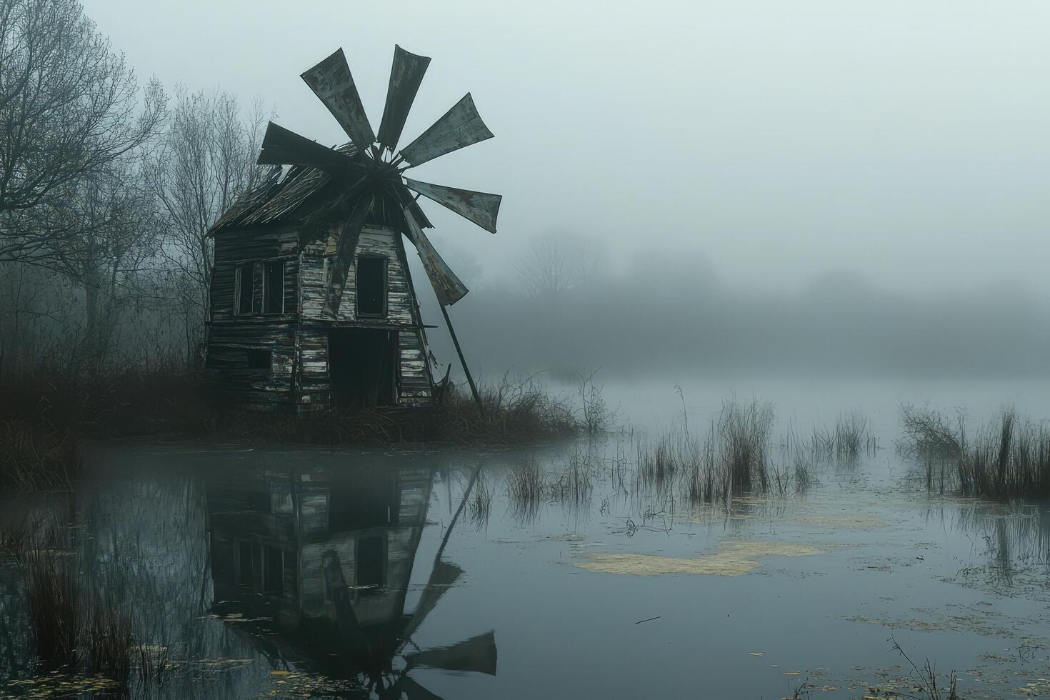 A windmill sits in the middle of a lake photo