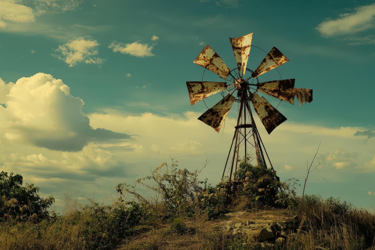 A rusty windmill on a hill photo
