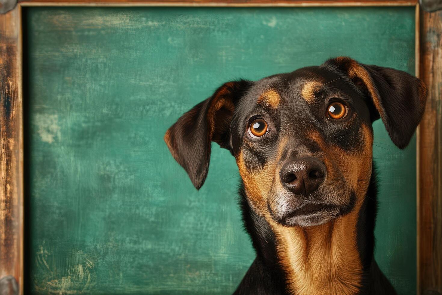 A dog is looking up at the camera in front of a green background photo