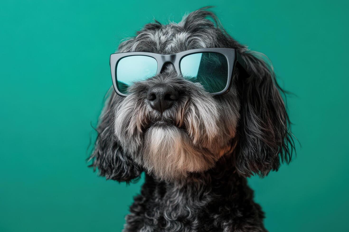 A dog wearing sunglasses on a green background photo