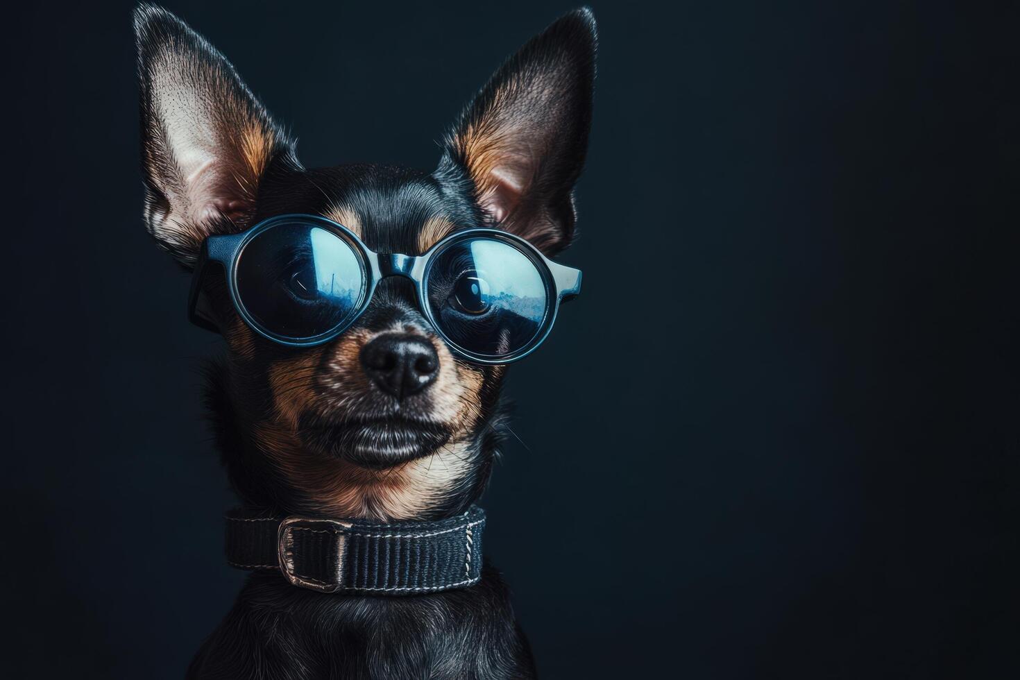 A dog wearing sunglasses on a black background photo