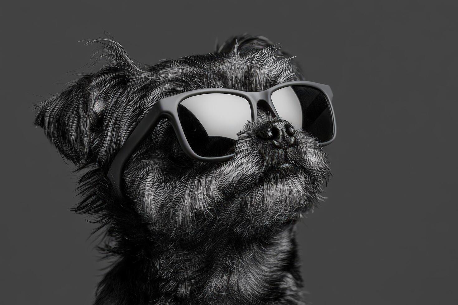 A black and white photo of a dog wearing sunglasses