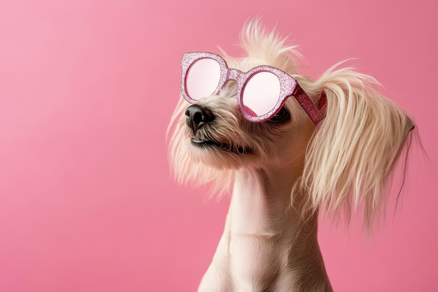 A white dog wearing pink sunglasses on a pink background photo