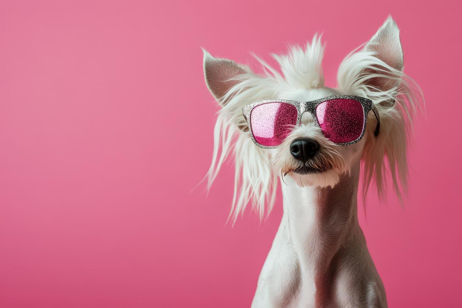 A white dog with pink sunglasses on a pink background photo