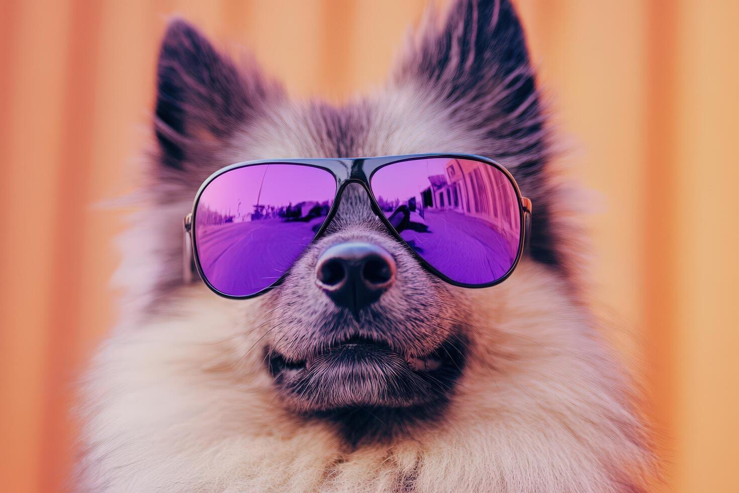 A dog wearing purple sunglasses photo