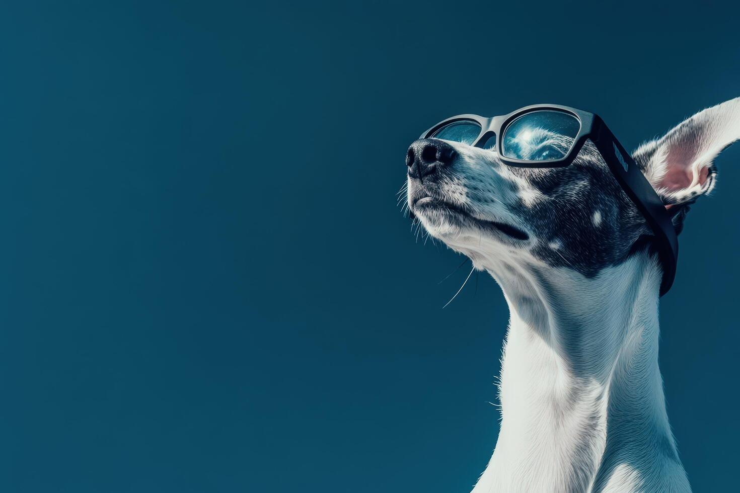 A dog wearing sunglasses and looking up photo